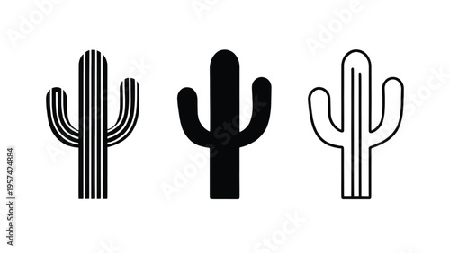 Three stylized cactus icons showing different line art and solid fill design variations for usage