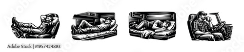 Vector illustration of truck drivers sleeping in cabs, black and white silhouette art