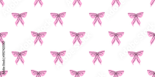 Vector seamless pattern with cute coquette pink bow ribbons on white background. Hand drawn girly bow print for gift wrapping, fabric, wallpaper, scrapbook paper, holiday packaging, fashion design.