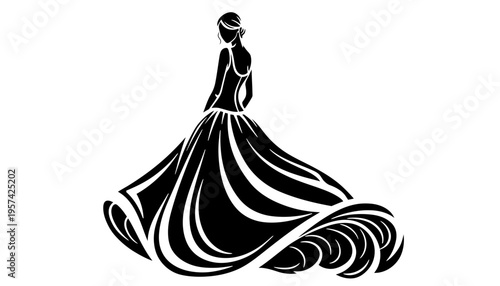 A woman in a black silhouette ball gown illustration on white background