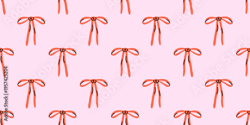 Vector seamless pattern with cute red bow ribbons on pink background. Hand drawn bow print for gift wrap, fabric, textile, wallpaper, scrapbook paper, stationery, holiday packaging and girly design.