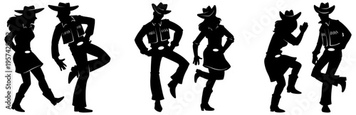Cowboy couple dancing silhouette set