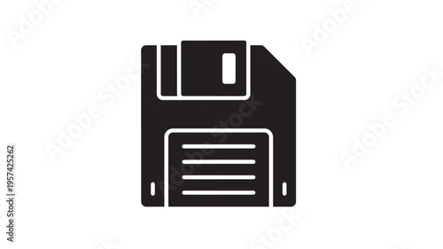 Floppy disk icon with a black solid fill representing old data storage and retro technology featuring diskette, vintage, digital with hardware and