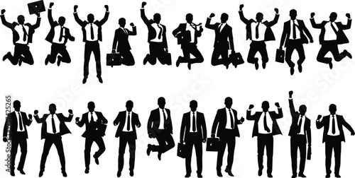 Business people silhouette set jumping and standing celebrating success achievement corporate professionals teamwork isolated on white background leadership concept illustration