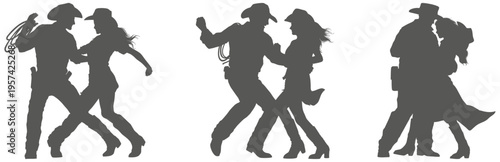 Cowboy couple dancing silhouette set