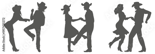 Cowboy couple dancing silhouette set