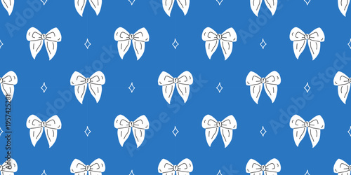 Vector trendy seamless pattern with cute white bow ribbons on blue background. Hand drawn minimal bow print for gift wrap, textile, wallpaper, scrapbook paper, holiday packaging, modern girly design.