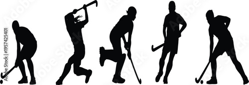 Set of field hockey player silhouettes, black sports action poses isolated on white background vector