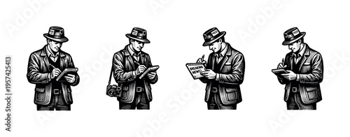 Vintage journalist silhouette illustration, set of reporter characters writing, black and white sketch style