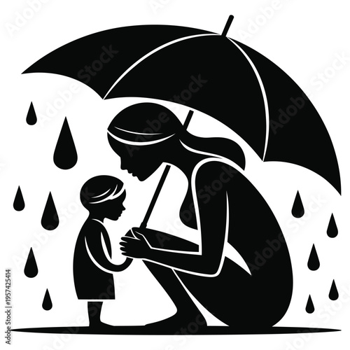 Silhouette illustration of mother holding umbrella to protect her child from rain representing maternal care and protection in minimalist black and white style for parenting concept
