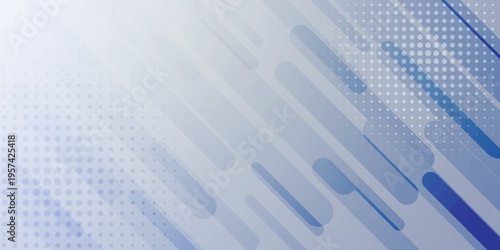 Abstract blue diagonal rounded rectangle background with halftone dots and soft gradient shapes for modern technology business banner or presentation