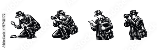 Detective illustration set with magnifying glass camera and newspaper in black and white style
