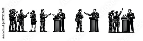 Black and white vector illustration of people at a press conference with podium and cameras