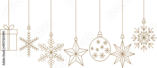 Christmas hanging ornaments vector set with gold line snowflakes, stars, gift box and decorative baubles