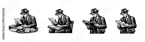 Vintage detective silhouette reading papers illustration with camera elements in black and white vector style