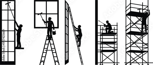 Silhouettes of professional window cleaners using ladders, squeegees, scaffolding, and pressure washers for commercial building maintenance and exterior glass cleaning services