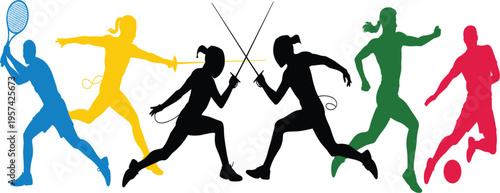 Colorful silhouettes of athletes playing various sports, including fencing, tennis, soccer, and running on white