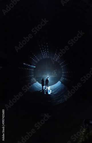 Silhouettes of two people standing in a large underground bunker tunnel illuminated by light at the end of the passage.