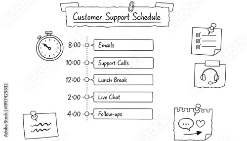 Customer support schedule illustration with colorful cartoon graphics and icons