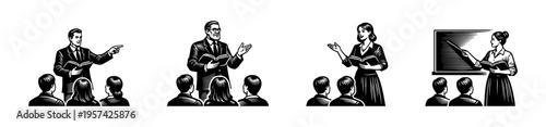 Educational presentation silhouettes, black and white figures, vector illustration of teachers and students