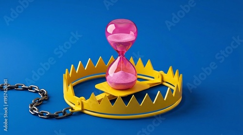 Pink hourglass inside yellow bear trap on blue background, symbolizing time pressure or trap