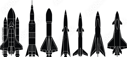 Space rocket silhouette set featuring shuttle launch vehicle missile aircraft and futuristic spacecraft icons for aerospace science exploration and aviation technology design