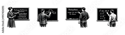 Retro classroom blackboard scenes with teachers and students, black and white vector illustration