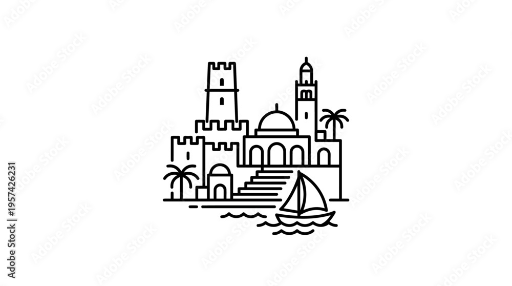 Naklejka premium Minimalist Mediterranean Townscape in Outline
