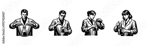 Scientists conducting experiments in laboratory black and white vector illustration silhouette