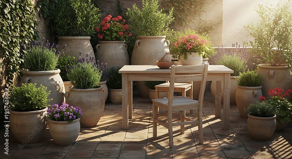 Fototapeta premium A sunlit outdoor patio with a wooden table and chair surrounded by numerous potted plants and blooming flowers.
