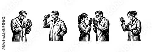 Scientists analyzing samples in laboratory setting black and white vector illustration