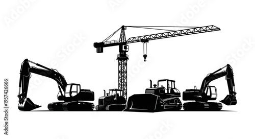 Construction Site Machinery - Crane, Excavators, and Bulldozers in Silhouette.