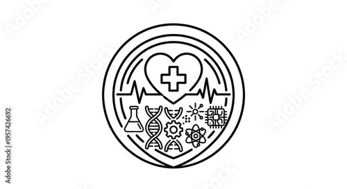 Circular medical icon design featuring a heart with cross, heartbeat pulse, DNA, and laboratory symbols, representing modern healthcare and medical technology.