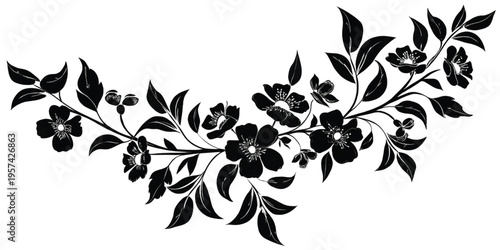 A vintage style black and white illustration of a delicate floral branch with blooming flowers
