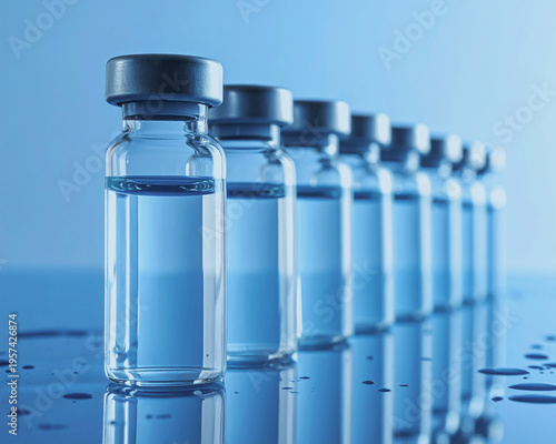 Medical glass bottles containing blue medicinal solution
