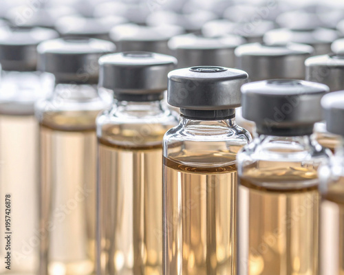 Medical glass flasks containing light brown medication