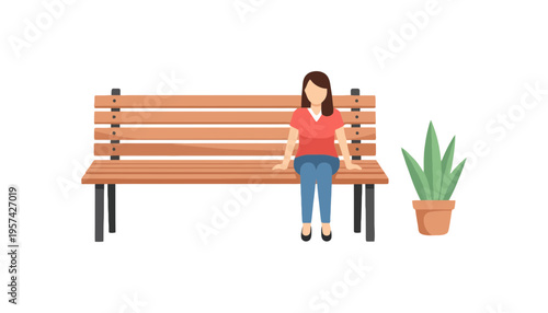 Woman sitting on a wooden bench with a potted plant beside her