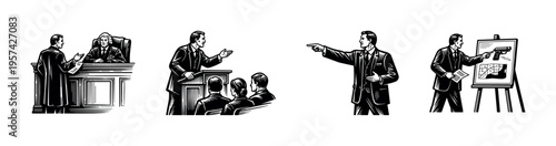 Black and white courtroom drama illustrations featuring lawyers and presentations