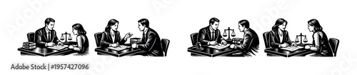 Black and white business negotiation illustrations, people discussing contracts, vector clipart, corporate meeting silhouettes