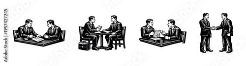 Business meeting illustrations, monochrome vector silhouette, professional conversation and agreement scenes