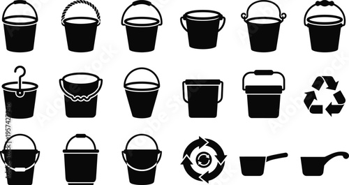 Vector bucket icon set with plastic pails recycling symbols and water scoops for cleaning gardening housework construction and waste management industrial