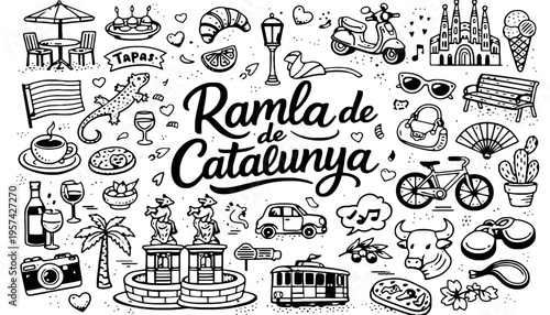 Ramla de Catalunya vector illustration with various tourist attractions and symbols