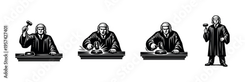 Black and white vector illustrations of judges with gavel silhouette elements