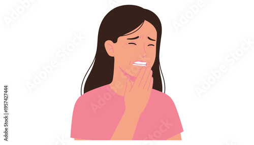 Toothache woman holding her cheek in pain with a pained expression