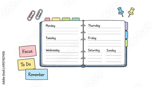 A colorful planner illustration with a to-do list and focus notes