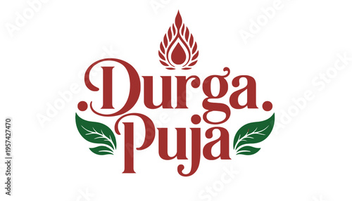 Durga Puja festival logo with green leaves and red design