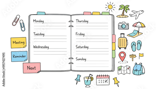 A colorful planner illustration with travel and meeting reminders