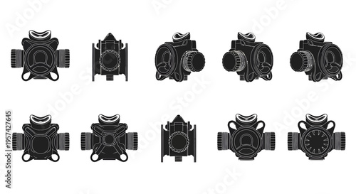 Tactical Diving Scuba Regulator Vector Illustration Multi-Angle Grid Set Isolated on White Background for Naval Frogman Gear and Marine Defense Design