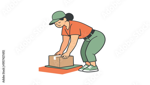A woman lifting a cardboard box in a warehouse setting carefully.