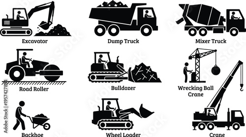 Vector Illustration Silhouette Set of Heavy Construction Vehicles and Machinery Including Excavator Dump Truck Bulldozer Crane Mixer Roller for Building Industry Projects